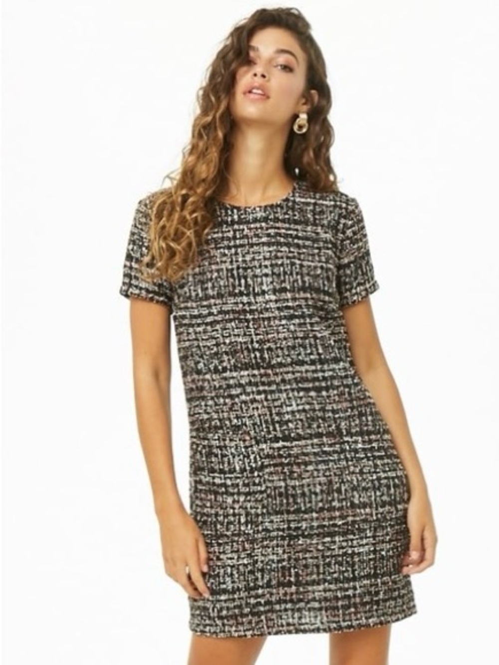 Forever 21 Black Tweed Metallic Shift Dress with Pink and Cream Threads